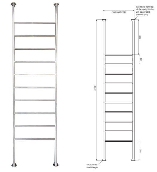 Round Heated Rail Ladder 600mm Wide