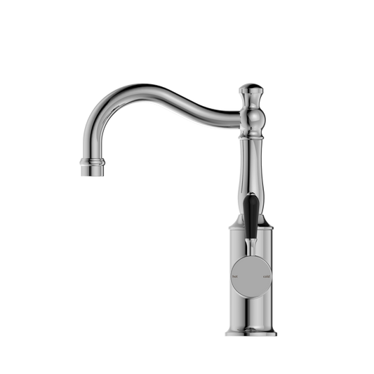 York Basin Mixer Hook Spout With Black Porcelain Lever